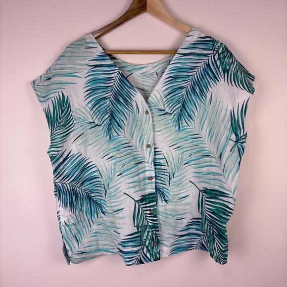 Tahari 100% Linen Teal Blue White Leaf Print Button Back Blouse - Picture 2 of 6